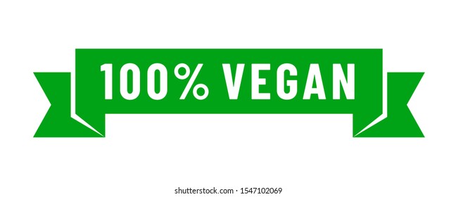 100% vegan vector icon. Organic, bio, eco symbol. Vegan, no meat, lactose free, healthy and nonviolent food. 100% vegan vector illustration. Lettering on green ribbon for stickers, labels and logos