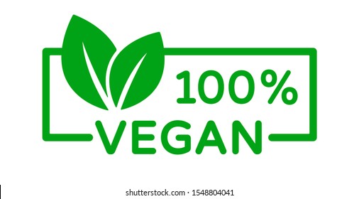 100% vegan vector icon. Organic, bio, eco symbol. Vegan, no meat, lactose free, healthy, fresh and nonviolent food. Rectangular green vector illustration with leaves for printing on food packaging