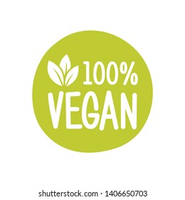 100 veganisches Vektorlogo. Rund öko-grünes Logo. Veganisches Lebensmittelzeichen mit Blättern. Tag für Café-Restaurants Verpackung Design.