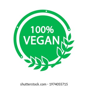 100% vegan vector logo. Vegetarian organic food label badge with leaf. Bio, eco symbols. Vegan, no meat, lactose free, healthy, fresh and nonviolent food. Tag for cafe restaurants packagingdesign.