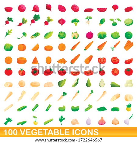 100 vegetable icons set. Cartoon illustration of 100 vegetable icons vector set isolated on white background