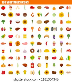 Juego de iconos de 100 verduras. Conjunto plano de 100 iconos vectoriales de vegetales para el diseño web