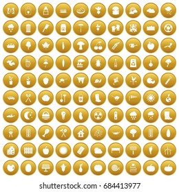 100 vegetables icons set gold