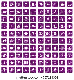 100 vegetables icons set in grunge style purple color isolated on white background vector illustration