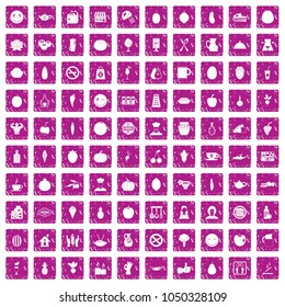 100 vegetarian cafe icons set in grunge style pink color isolated on white background vector illustration