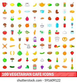 100 vegetarian cafe icons set in cartoon style for any design vector illustration