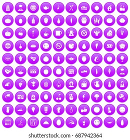 100 vegetarian cafe icons set in purple circle isolated on white vector illustration