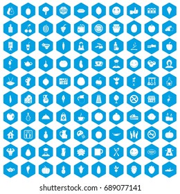 100 vegetarian cafe icons set in blue hexagon isolated vector illustration