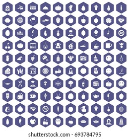 100 vegetarian cafe icons set in purple hexagon isolated vector illustration