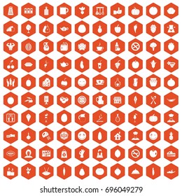 100 vegetarian cafe icons set in orange hexagon isolated vector illustration