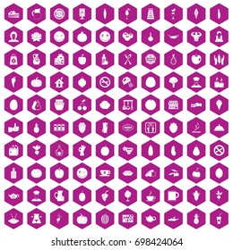 100 vegetarian cafe icons set in violet hexagon isolated vector illustration