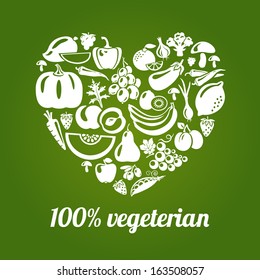 100 % vegetarian. Concept vector heart made of green peas, eggplant, potato, carrot, pumpkin, avocado, grapes, apple, peach, kiwi, lemon, chili, garlic, strawberries, broccoli, banana and others