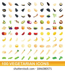 100 vegetarian icons set. Cartoon illustration of 100 vegetarian icons vector set isolated on white background