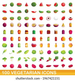 100 vegetarian icons set. Cartoon illustration of 100 vegetarian icons vector set isolated on white background