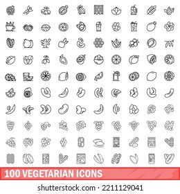 100 vegetarian icons set. Outline illustration of 100 vegetarian icons vector set isolated on white background