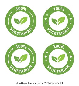 100% Iconos de redondeo vegetarianos. Señal de comida vegana con hojas. Logotipo. Etiqueta para el diseño de empaquetado de cafés restaurantes. Bio, logotipo orgánico y distintivos, etiqueta. Icono de dieta vegetal, bio y comida saludable. Vector