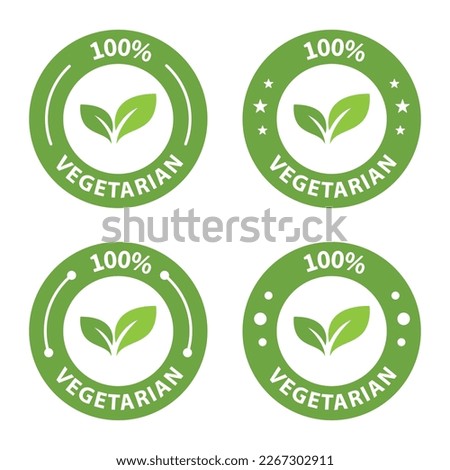 100% Vegetarian round icons set. Vegan food sign with leaves. Logo. Tag for cafe restaurants packaging design. Bio, Organic Logo and Badges, Label. Vegan food diet icon, bio and healthy food. Vector