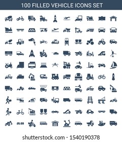 100 vehicle icons. Trendy vehicle icons white background. Included filled icons such as shipping truck, boat, toy car, car, exercise bike, garage. vehicle icon for web and mobile.