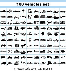 100 vehicles, set of vehicles, transportation set, car set, ship set, plane set, logistic icon