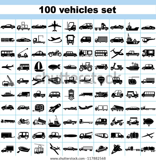 100 vehicles, set of vehicles,\
transportation set, car set, ship set, plane set, logistic\
icon