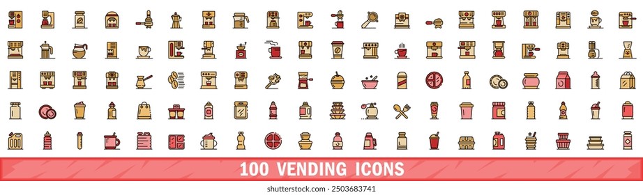 100 vending icons set. Color line set of vending vector icons thin line color flat on white