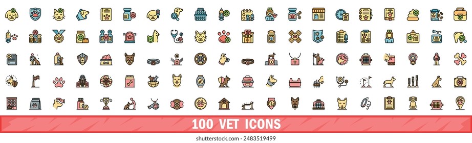 Conjunto de 100 iconos de veterinario. Conjunto de línea de color de iconos vectoriales veterinarios línea fina de color plana en blanco