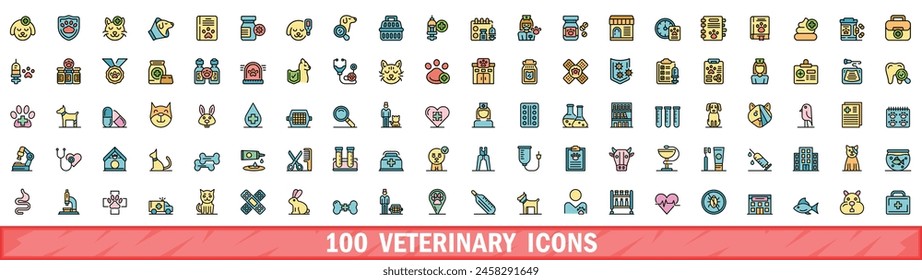 100 veterinary icons set. Color line set of veterinary vector icons thin line color flat on white