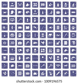 100 veterinary icons set in grunge style sapphire color isolated on white background vector illustration