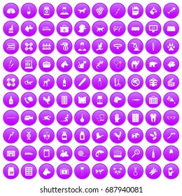 100 veterinary icons set in purple circle isolated on white vector illustration