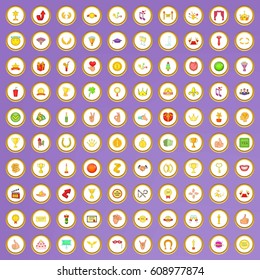100 victory and awards icons set in cartoon style on purple background vector illustration