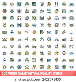 100 video game virtual reality icons set. Color line set of video game virtual reality vector icons thin line color flat on white