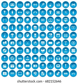100 video icons set in blue circle isolated on white vector illustration