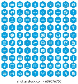 100 video icons set in blue hexagon isolated vector illustration