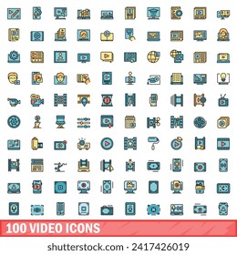 100 video icons set. Color line set of video vector icons thin line color flat on white