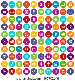 100 video icons set in different colors circle isolated vector illustration