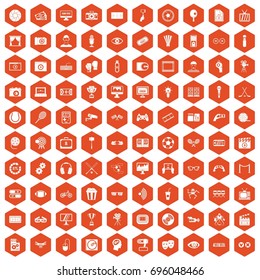 100 video icons set in orange hexagon isolated vector illustration