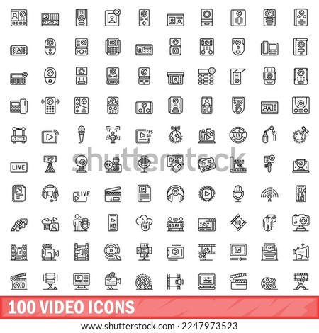 100 video icons set. Outline illustration of 100 video icons vector set isolated on white background