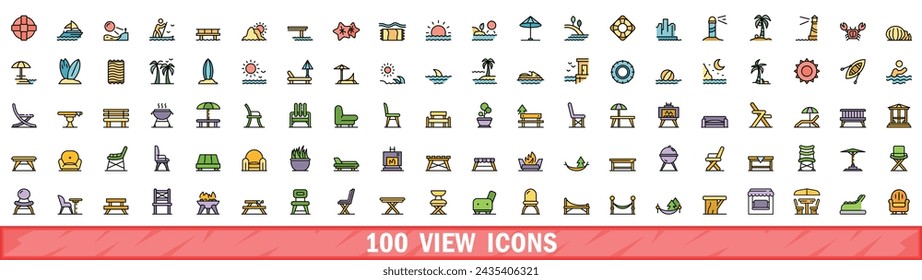 100 view icons set. Color line set of view vector icons thin line color flat on white