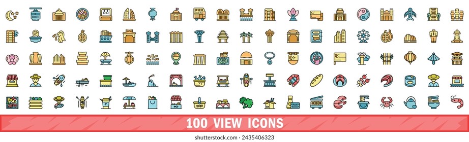 100 view icons set. Color line set of view vector icons thin line color flat on white