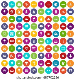 100 view icons set in different colors circle isolated vector illustration