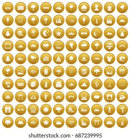 100 view icons set in gold circle isolated on white vectr illustration