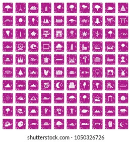 100 view icons set in grunge style pink color isolated on white background vector illustration