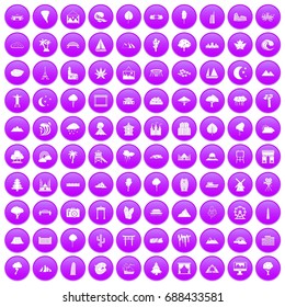 100 view icons set in purple circle isolated vector illustration