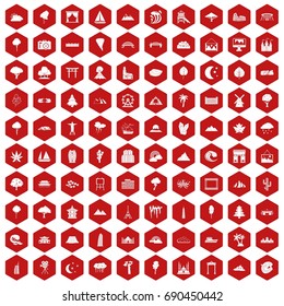 100 view icons set in red hexagon isolated vector illustration