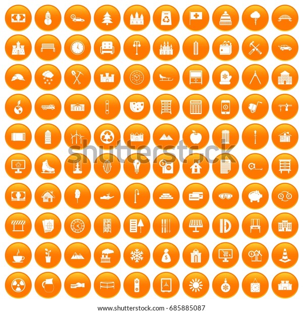 100 villa icons set in orange circle\
isolated on white vector\
illustration