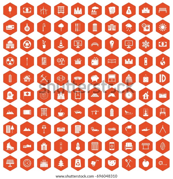100 villa icons set in orange hexagon\
isolated vector\
illustration