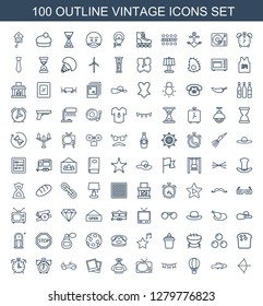 100 vintage icons. Trendy vintage icons white background. Included outline icons such as bow, extinct fish, air balloon, party flag, TV, perfume. vintage icon for web and mobile.