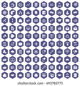 100 viral marketing icons set in purple hexagon isolated vector illustration