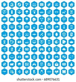 100 virtual icons set in blue hexagon isolated vector illustration
