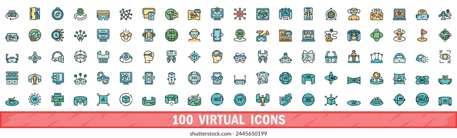 100 virtual icons set. Color line set of virtual vector icons thin line color flat on white